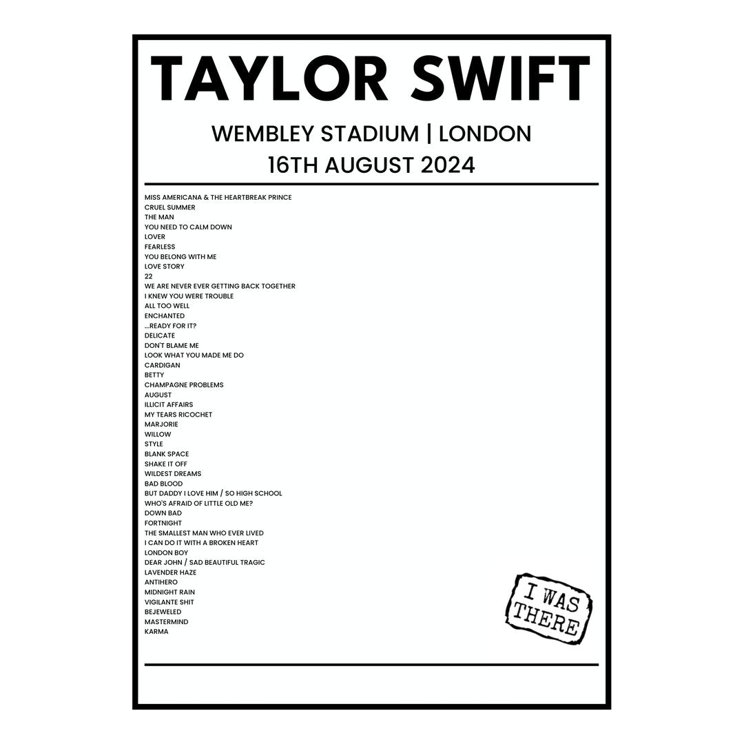 Taylor Swift London 16th August 2024 Setlist poster