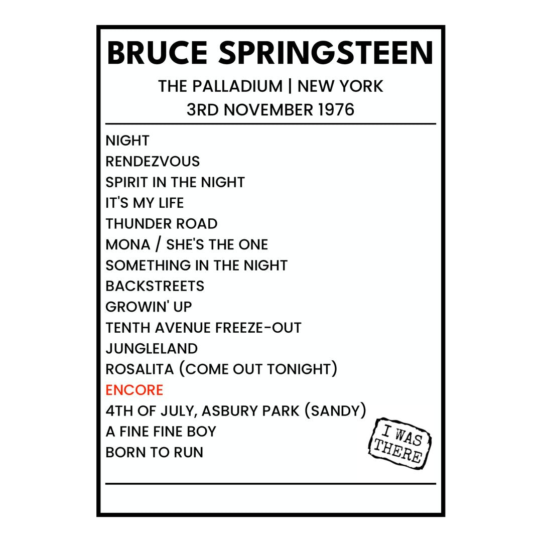 Bruce Springsteen New York 3rd November 1976 Setlist poster