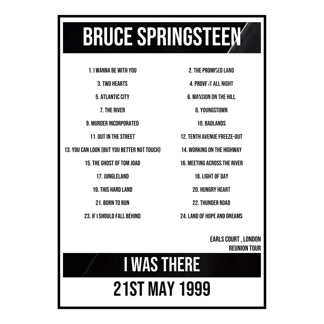 Bruce Springsteen London 21st May 1999 Setlist poster