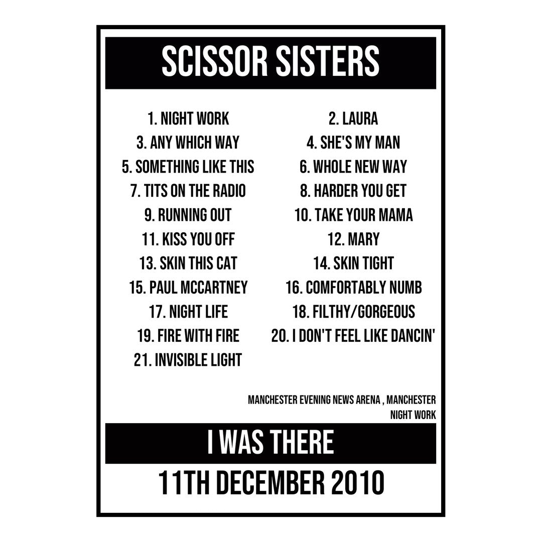 A Setlist Poster Featuring Scissor Sisters Gig from Manchester in 2010