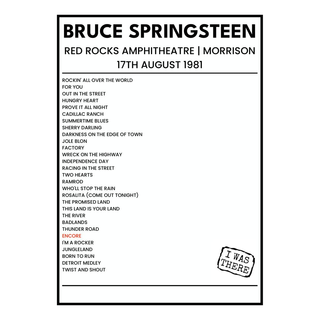Bruce Springsteen Morrison 17th August 1981 Setlist poster