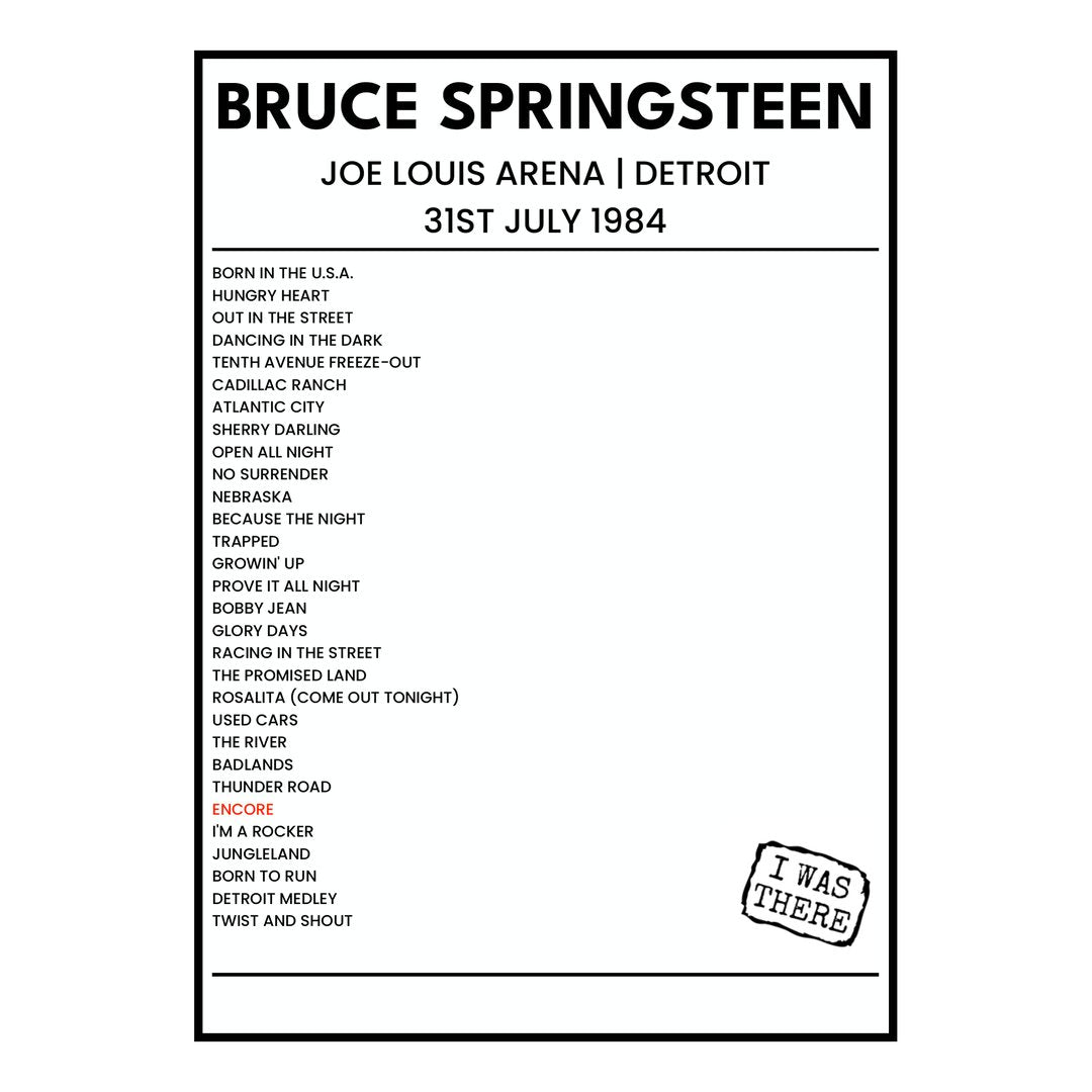 Bruce Springsteen Detroit 31st July 1984 Setlist poster