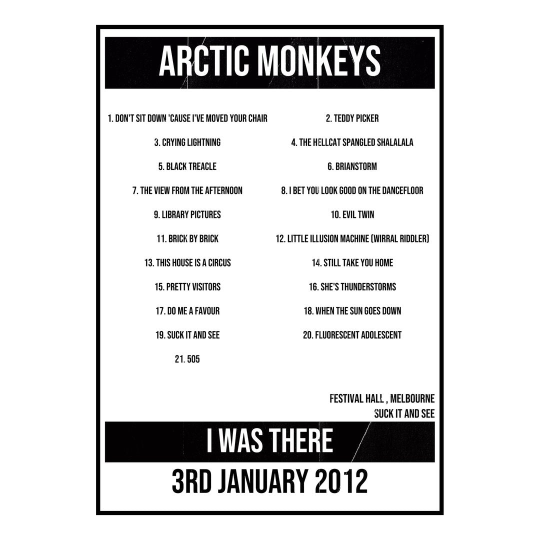 Arctic Monkeys Melbourne 3rd January 2012 Setlist poster