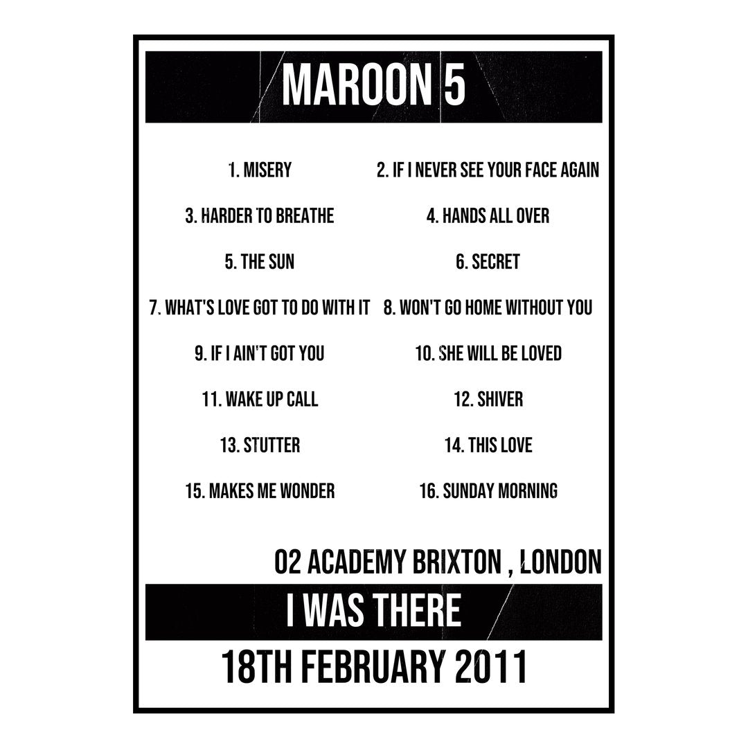 Maroon 5 London 18th February 2011 Setlist poster