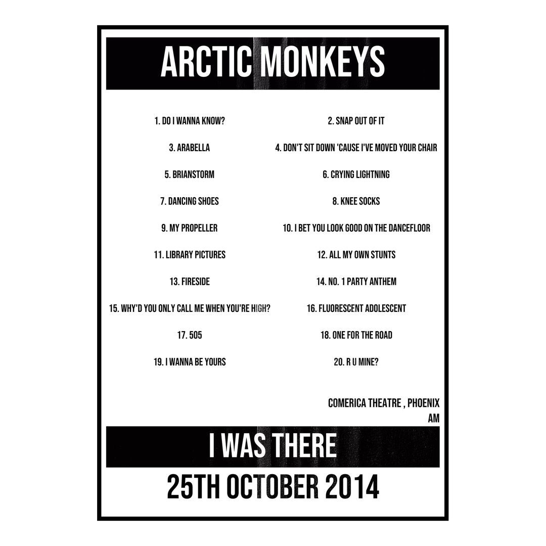 Arctic Monkeys Phoenix 25th October 2014 Setlist poster