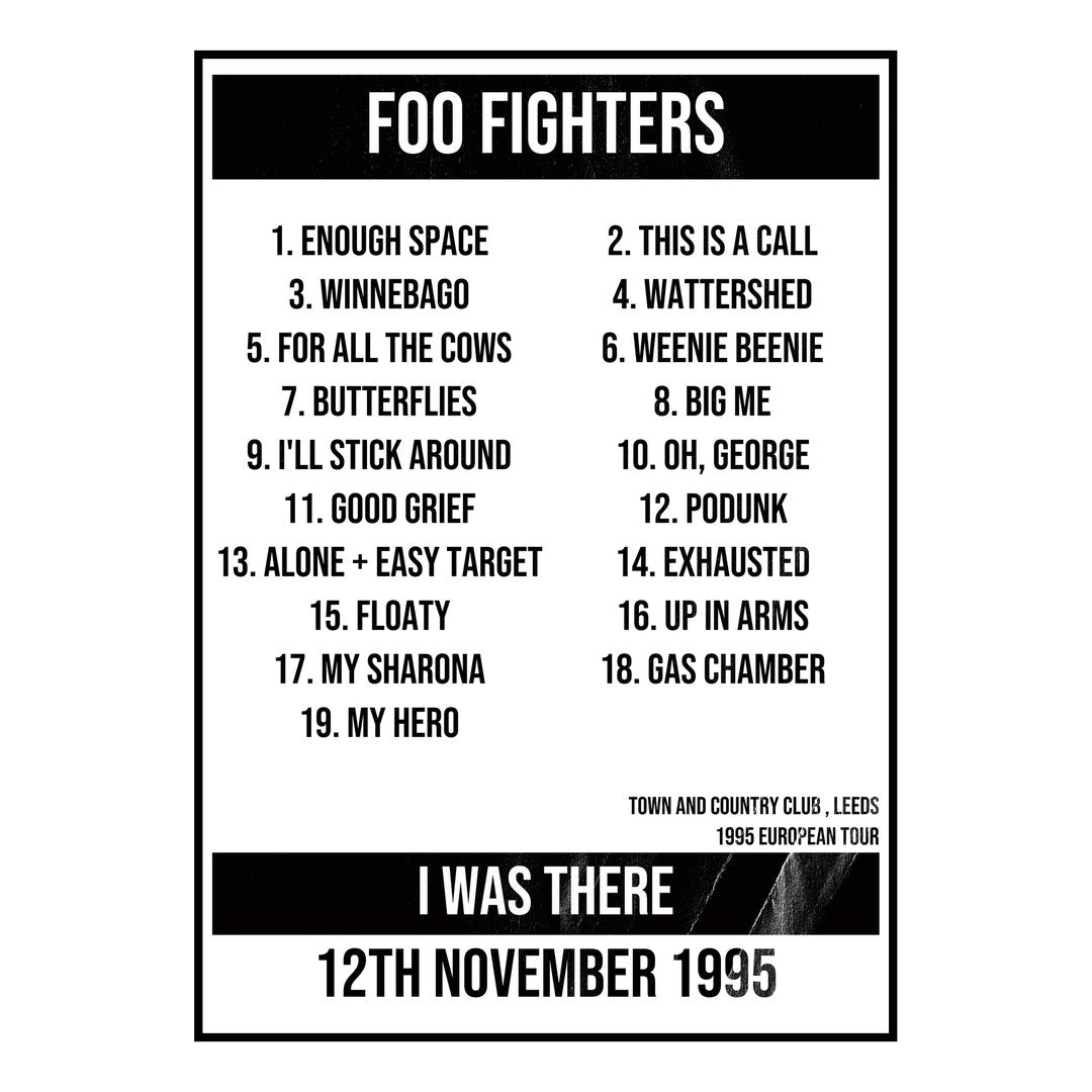 Foo Fighters Leeds 12th November 1995 Setlist poster
