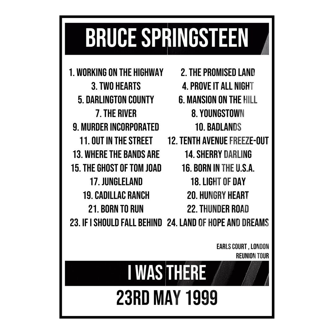 Bruce Springsteen London 23rd May 1999 Setlist poster