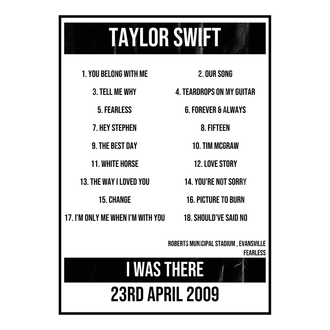 Taylor Swift Evansville 23rd April 2009 Setlist poster