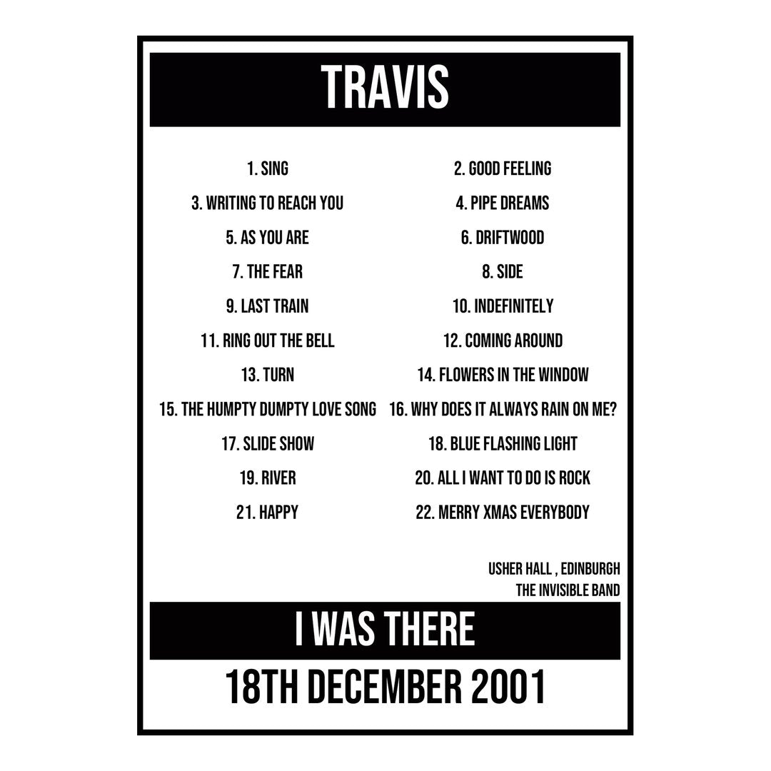 A Setlist Poster Featuring Travis Gig from Edinburgh in 2001