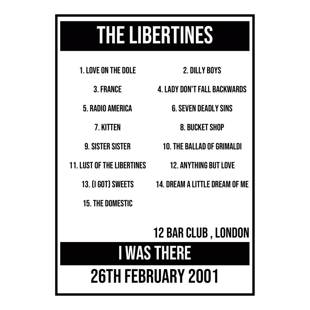 A Setlist Poster Featuring The Libertines Gig from London in 2001