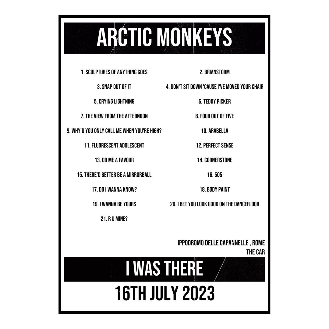 Arctic Monkeys Rome 16th July 2023 Setlist poster