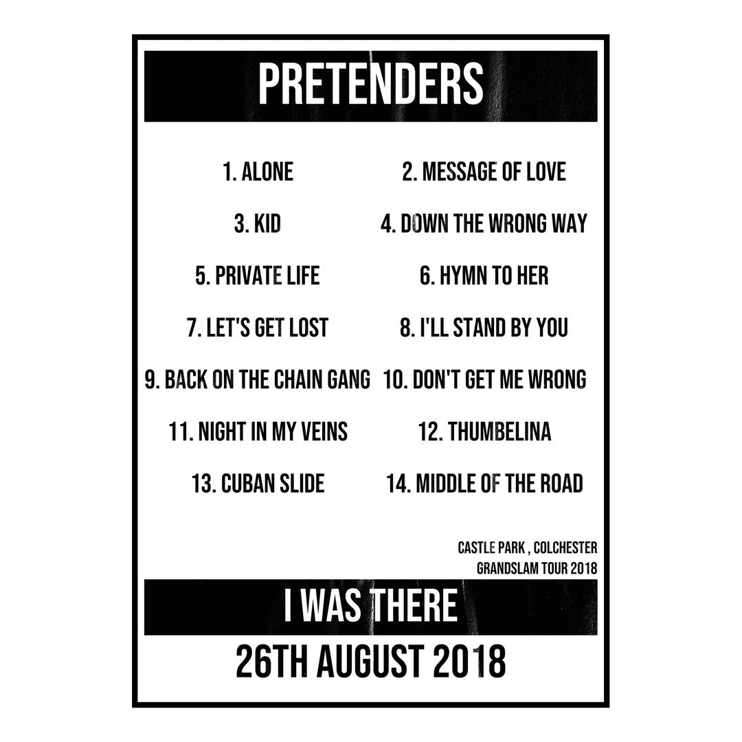 Pretenders Colchester 26th August 2018 Setlist poster