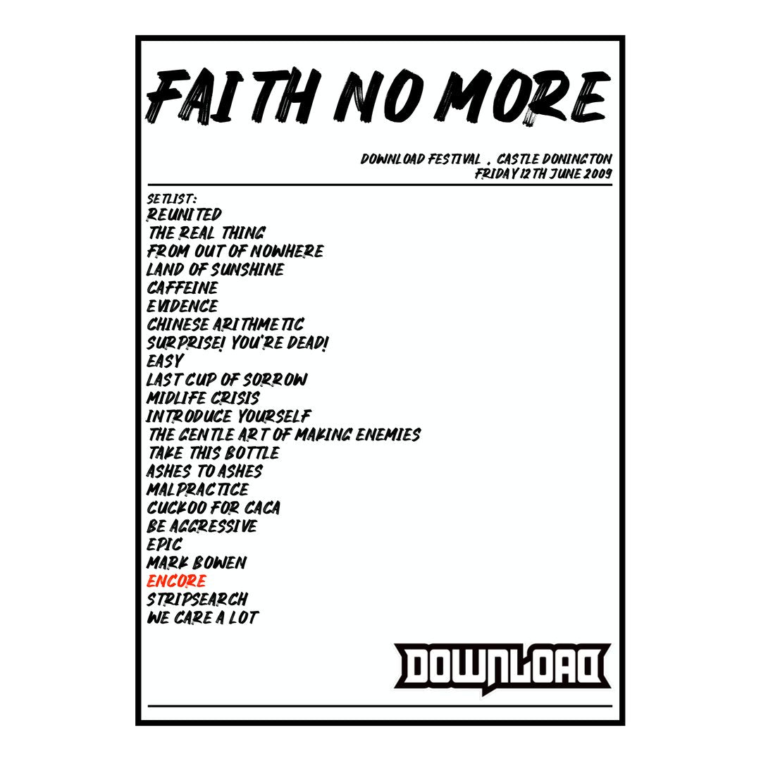 Faith No More Castle Donington 12th June 2009 Setlist poster