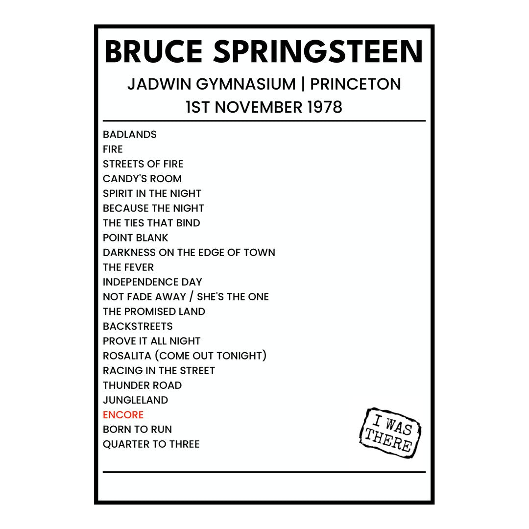 Bruce Springsteen Princeton 1st November 1978 Setlist poster