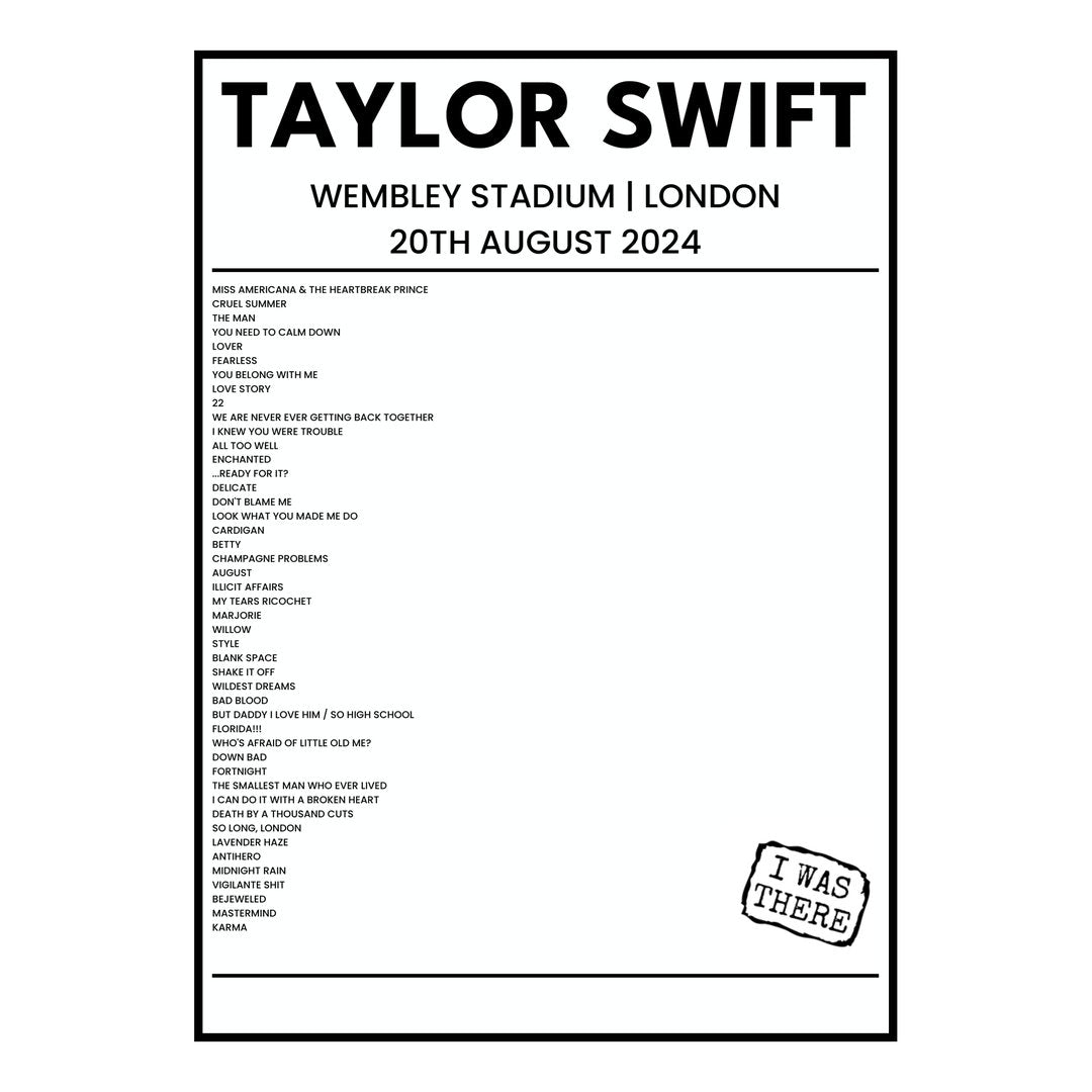 Taylor Swift London 20th August 2024 Setlist poster