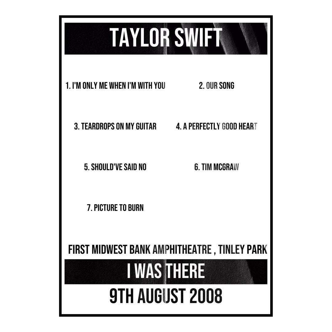 Taylor Swift Tinley Park 9th August 2008 Setlist poster