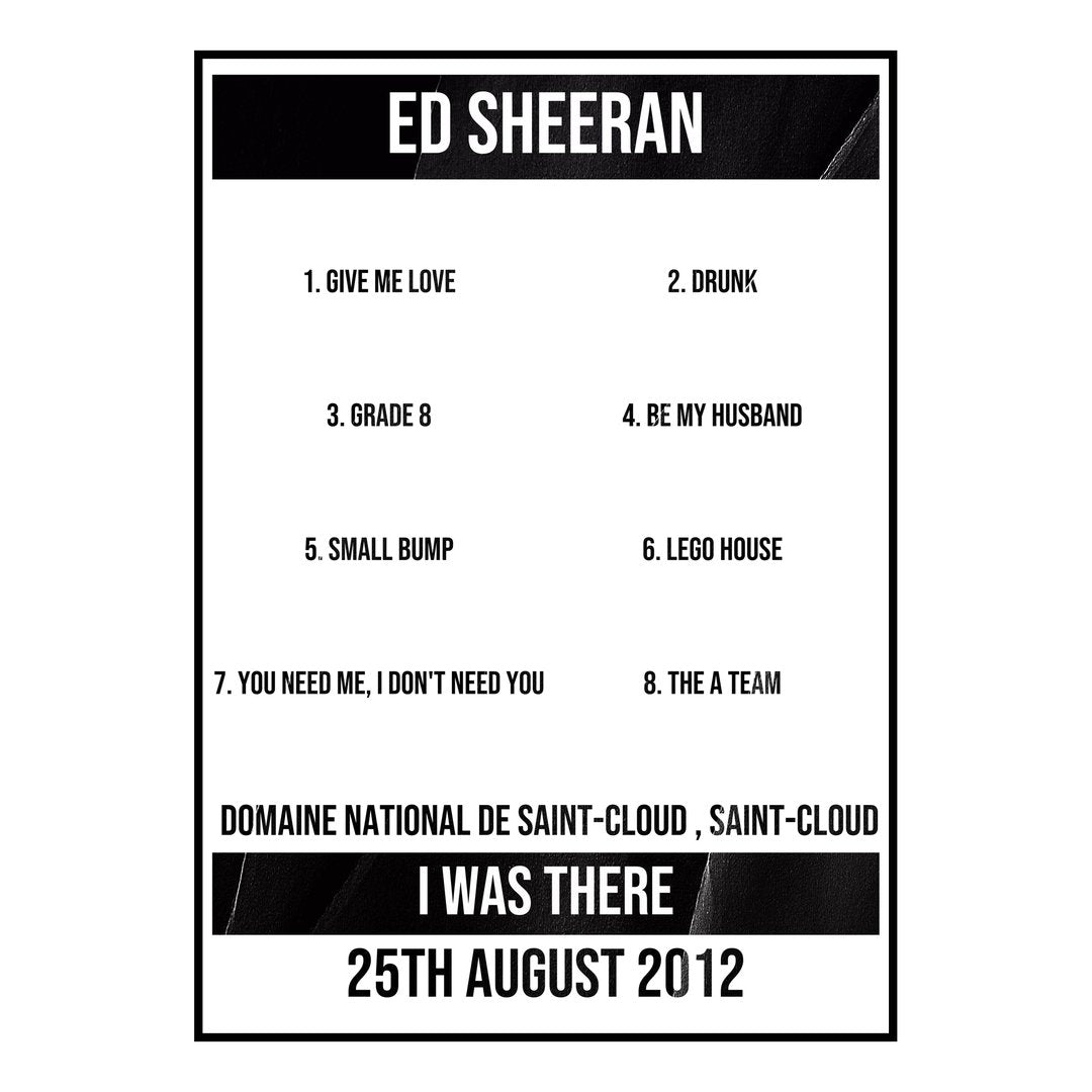 Ed Sheeran Saint-Cloud 25th August 2012 Setlist poster