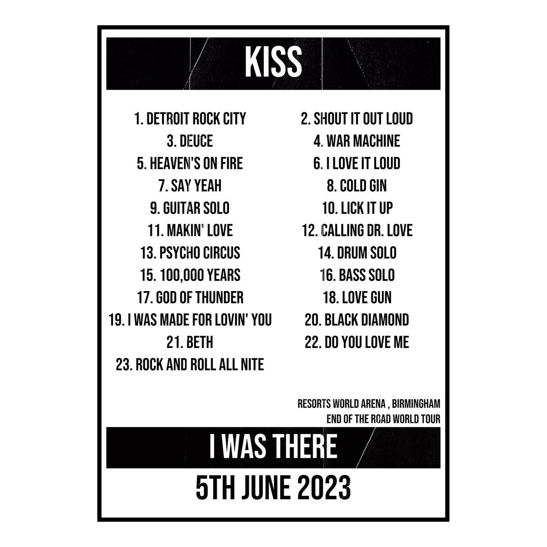 KISS Birmingham 5th June 2023 Setlist poster
