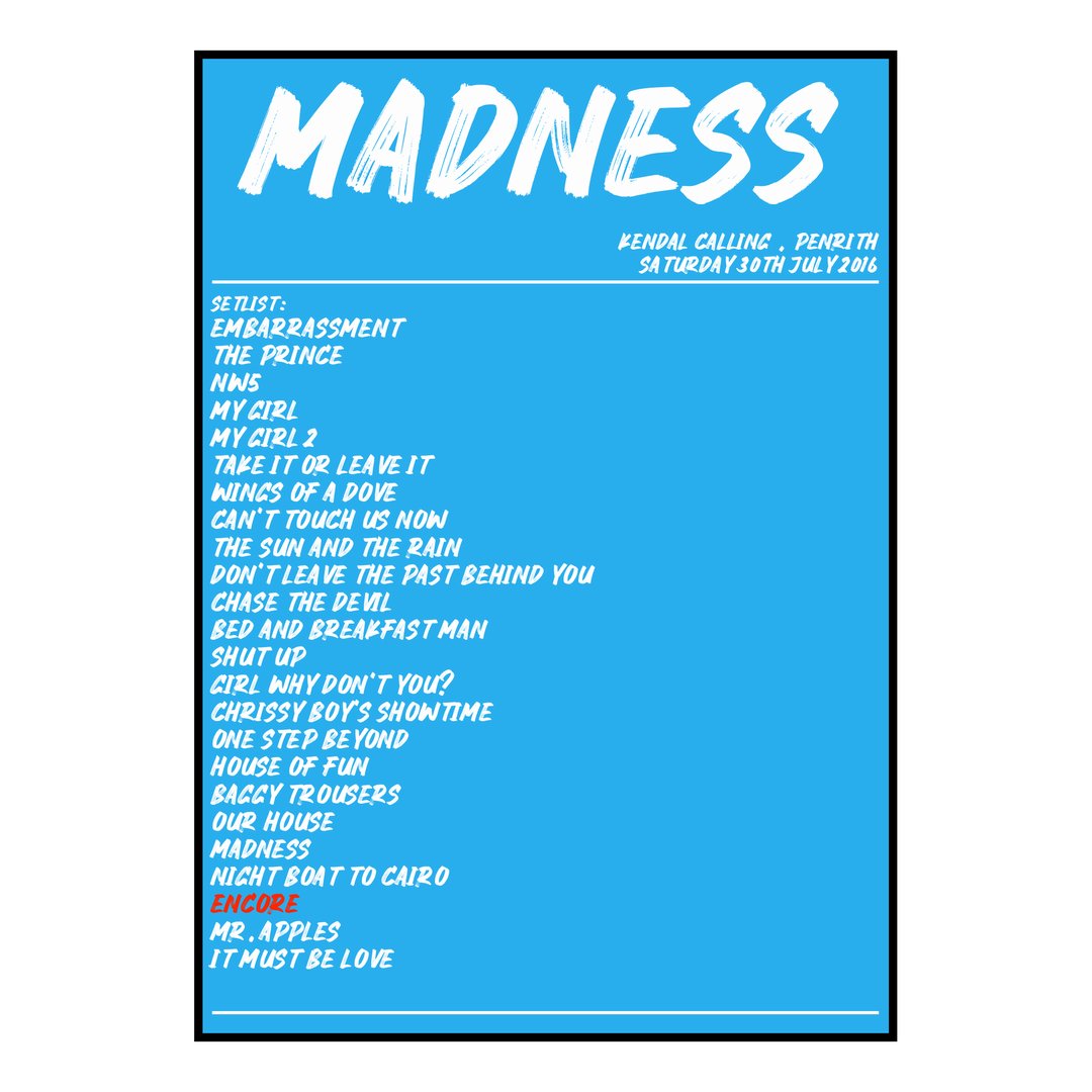 Madness Penrith 30th July 2016 Setlist poster