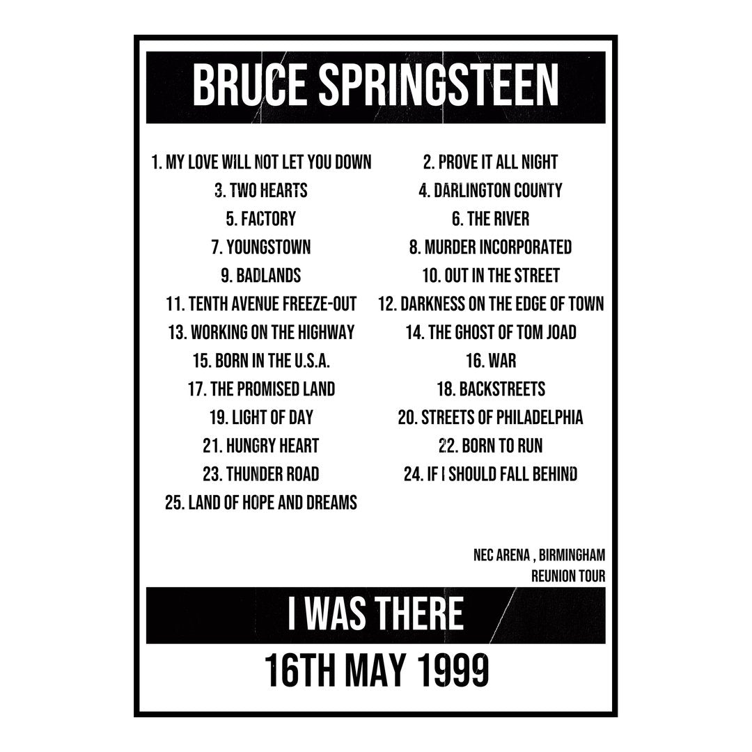 Bruce Springsteen Birmingham 16th May 1999 Setlist poster