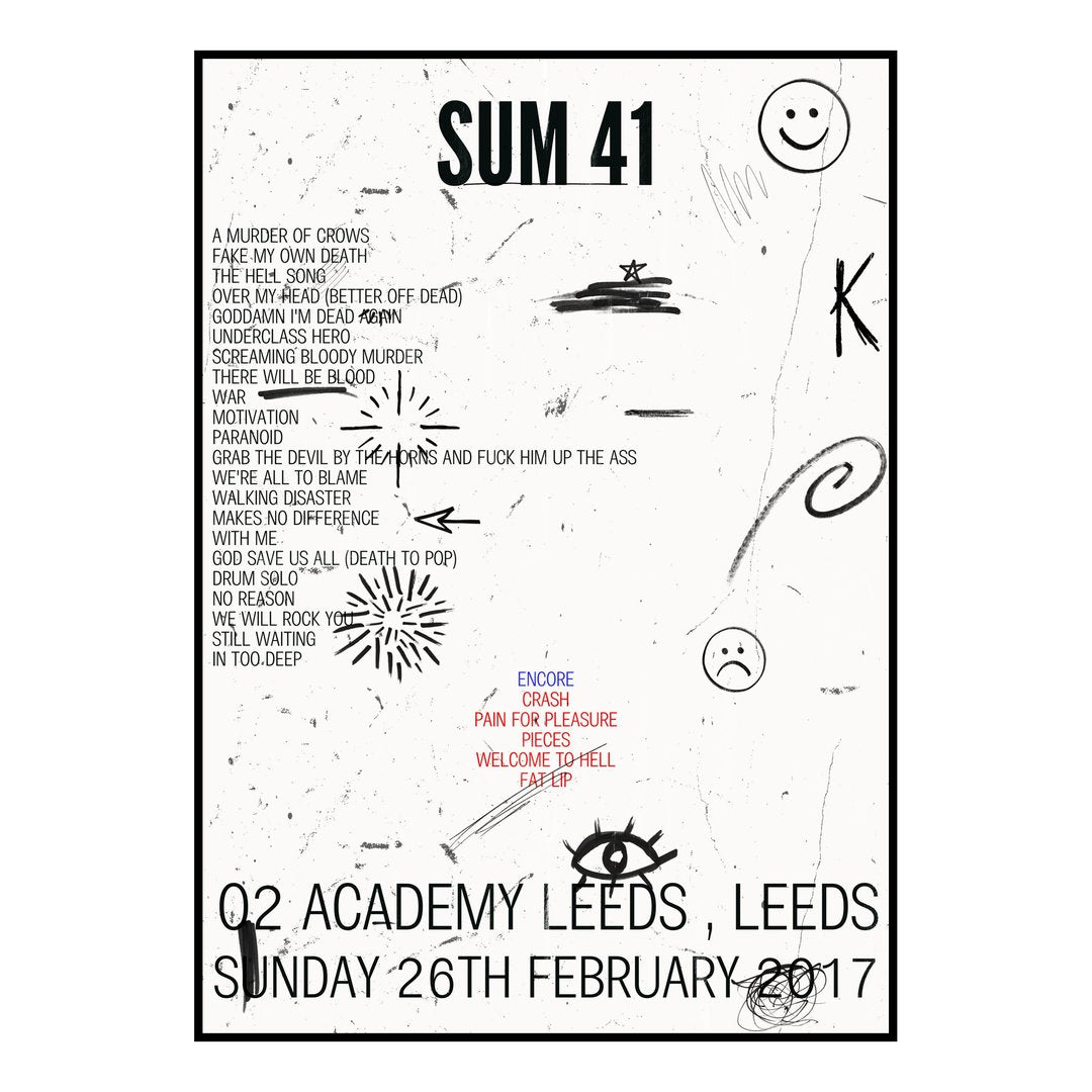 Sum 41 Leeds 26th February 2017 Setlist poster