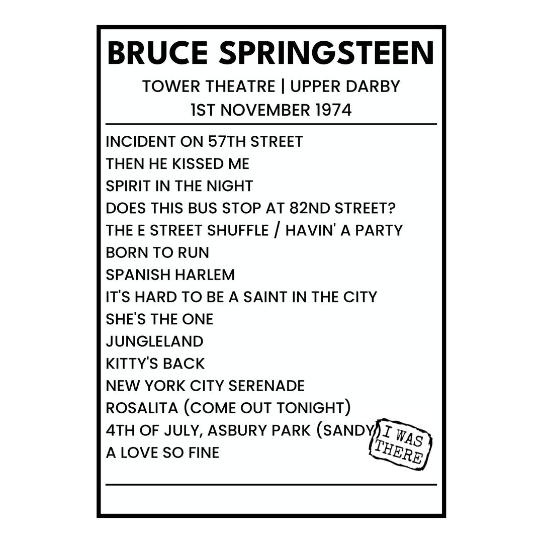 Bruce Springsteen Upper Darby 1st November 1974 Setlist poster