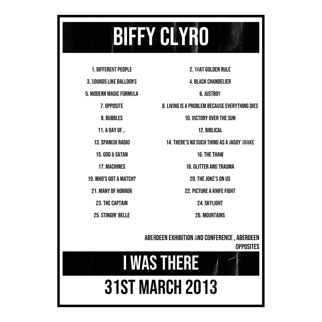Biffy Clyro Aberdeen 31st March 2013 Setlist poster