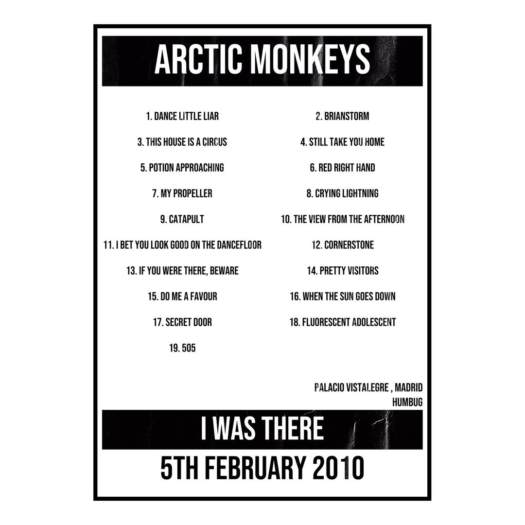 Arctic Monkeys Madrid 5th February 2010 Setlist poster
