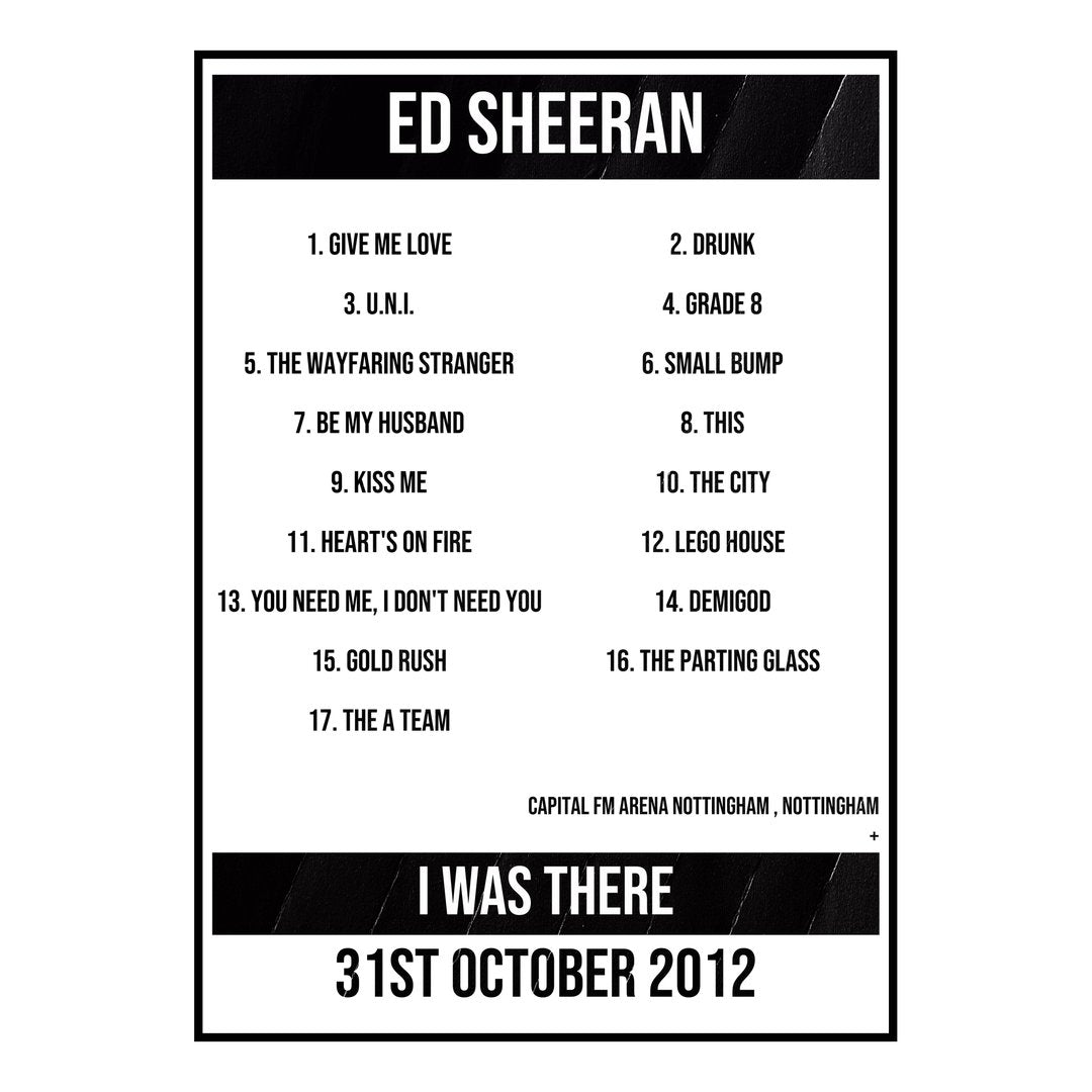 Ed Sheeran Nottingham 31st October 2012 Setlist poster