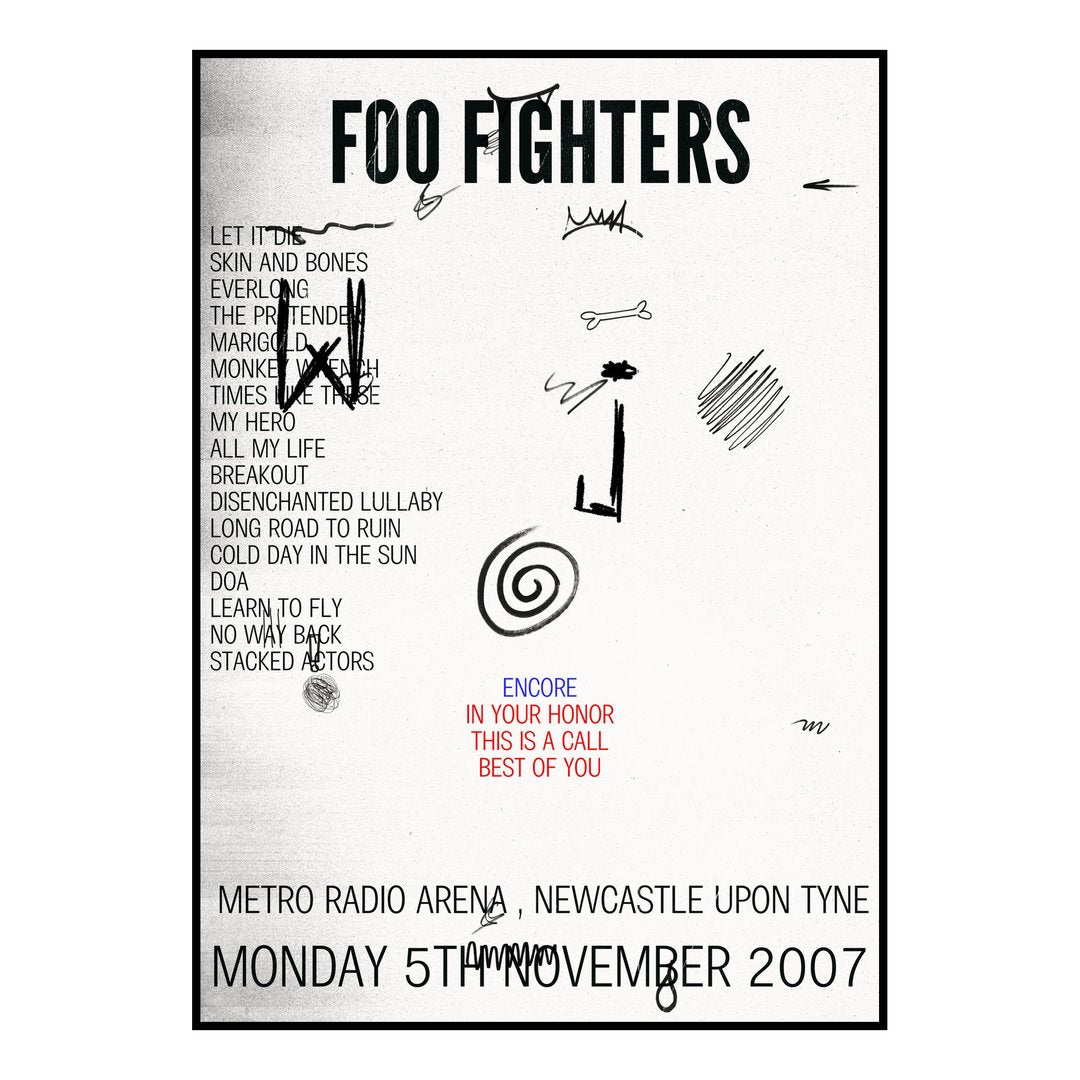 Foo Fighters Newcastle upon Tyne 5th November 2007 Setlist poster