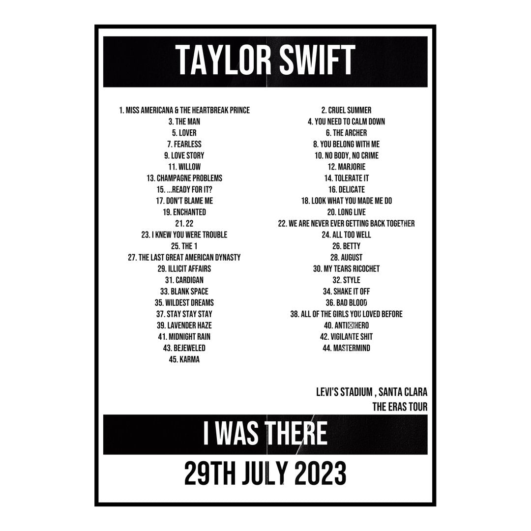 Taylor Swift Santa Clara 29th July 2023 Setlist poster