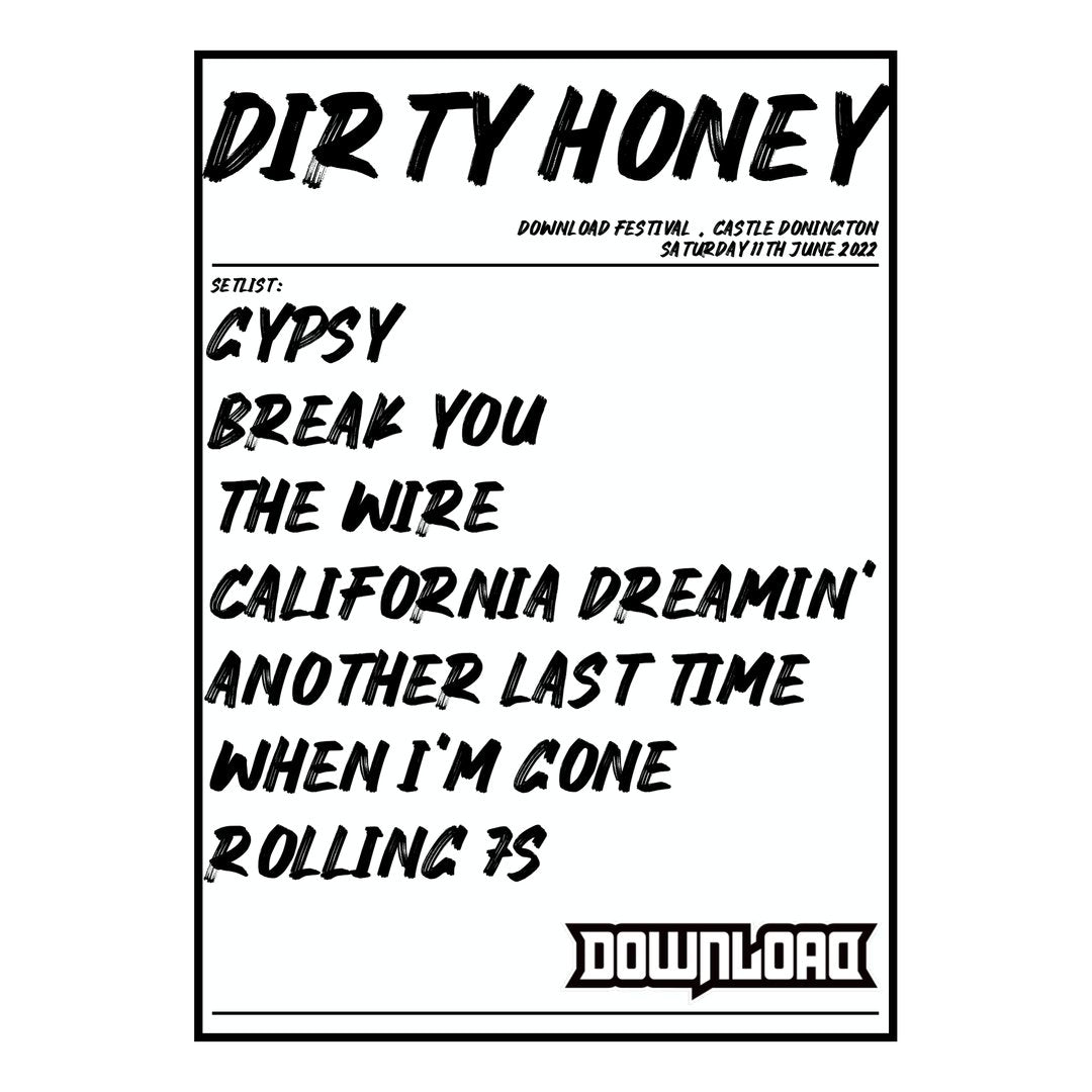 Dirty Honey Castle Donington 11th June 2022 Setlist poster