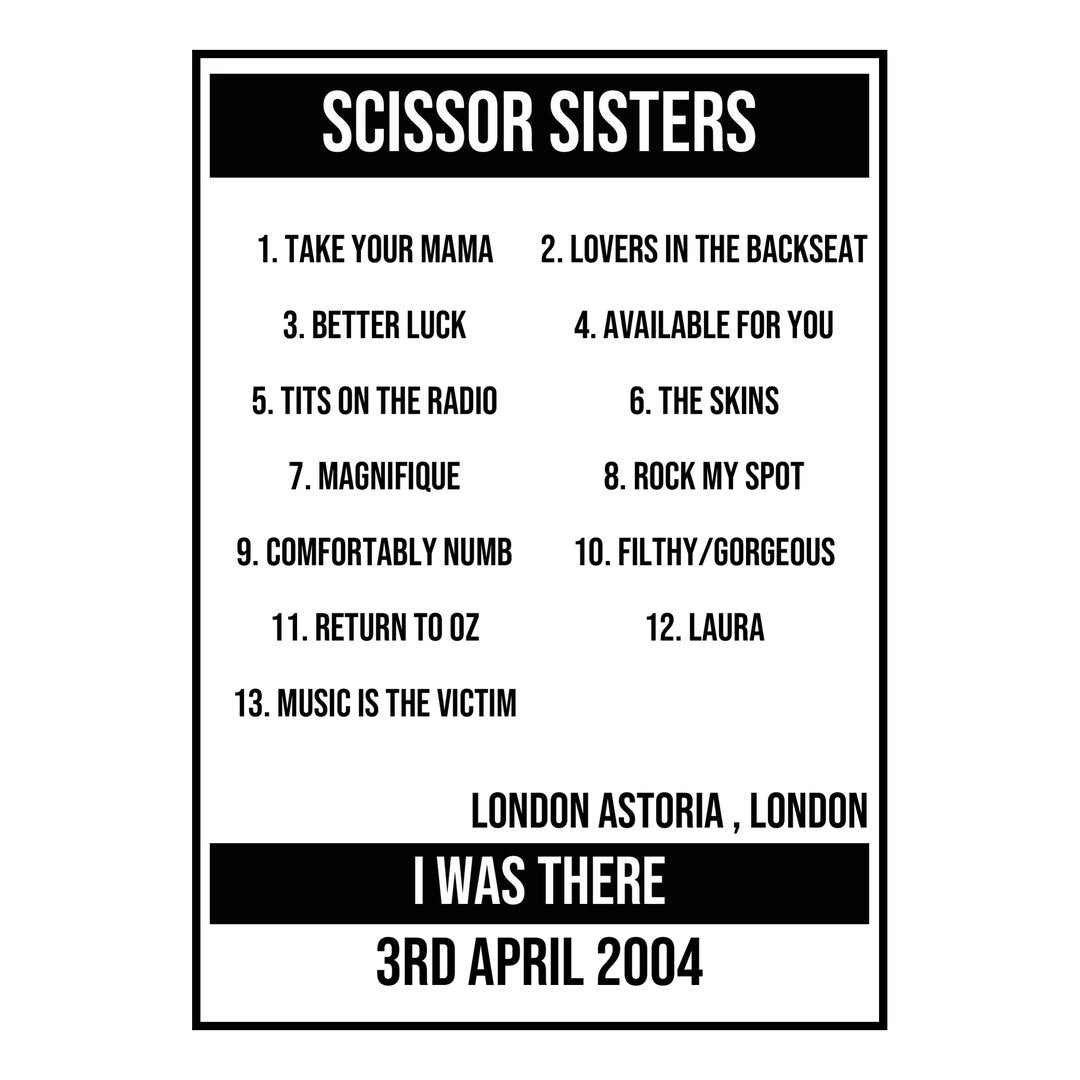 A Setlist Poster Featuring Scissor Sisters Gig from London in 2004