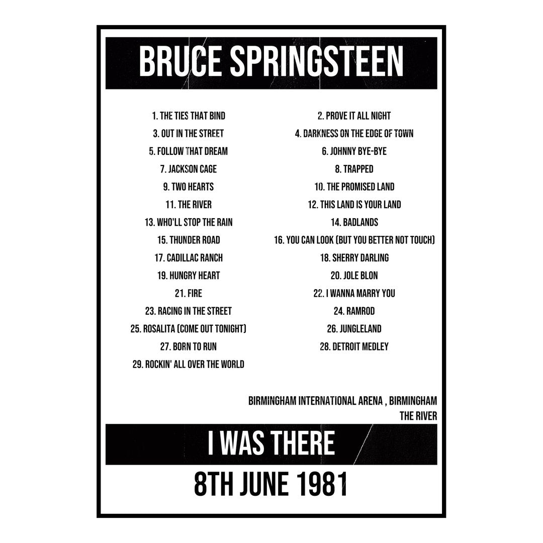 Bruce Springsteen Birmingham 8th June 1981 Setlist poster