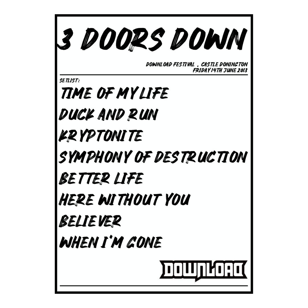3 Doors Down Castle Donington 14th June 2013 Setlist poster
