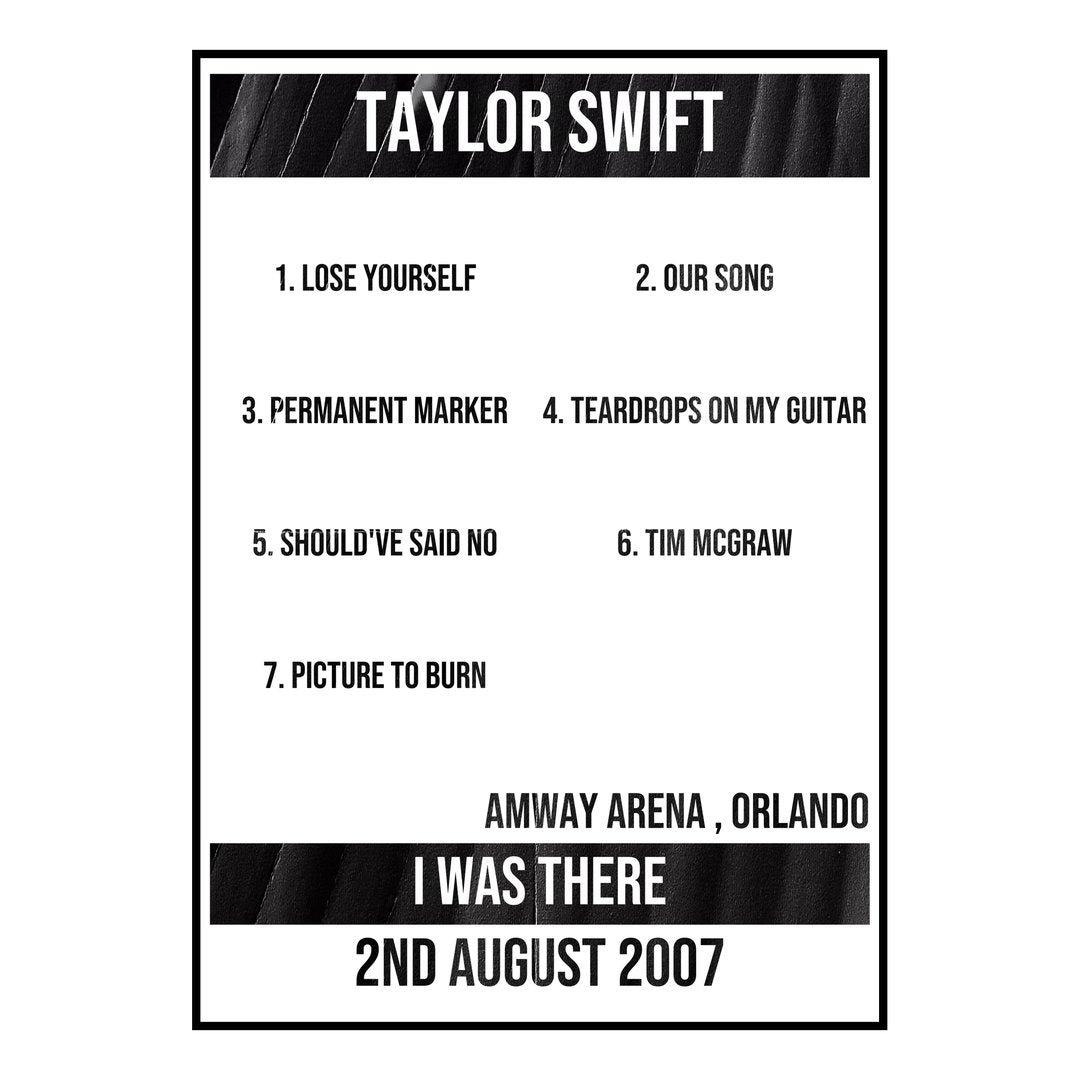 Taylor Swift Orlando 2nd August 2007 Setlist poster