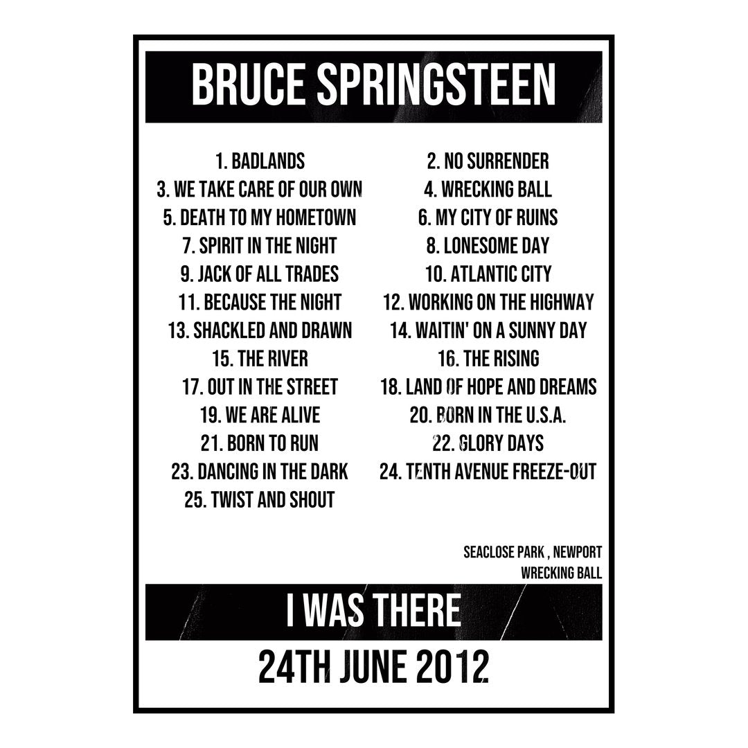 Bruce Springsteen Newport 24th June 2012 Setlist poster