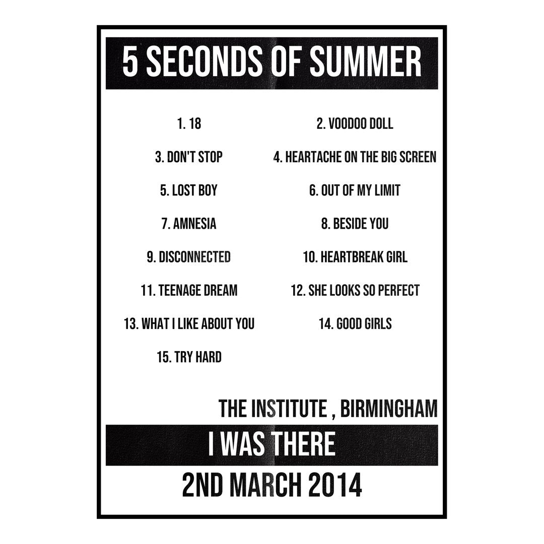 5 Seconds of Summer Birmingham 2nd March 2014 Setlist poster