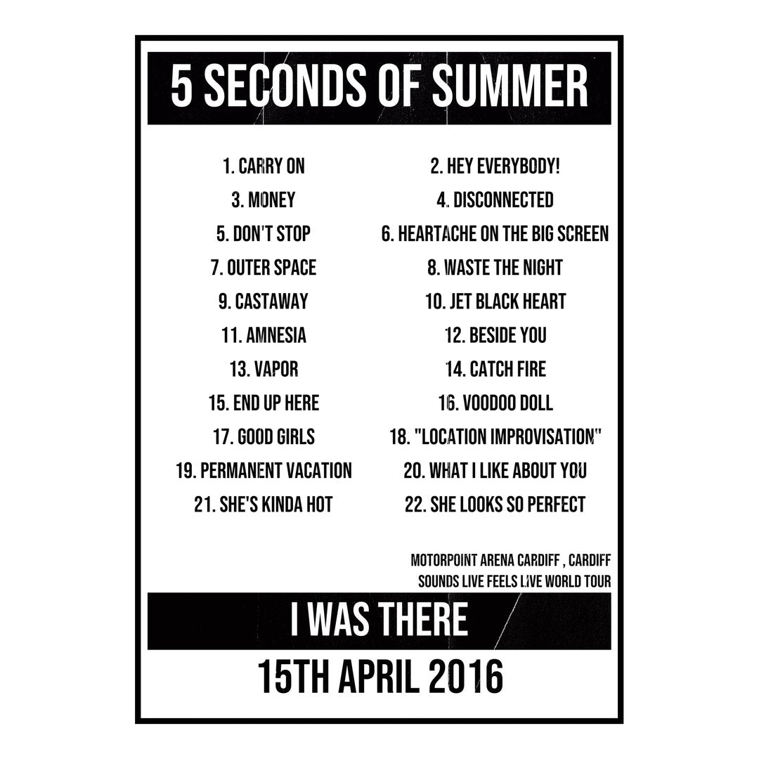 5 Seconds of Summer Cardiff 15th April 2016 Setlist poster