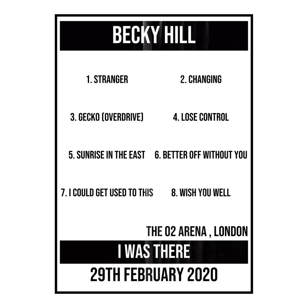 Becky Hill London 29th February 2020 Setlist poster