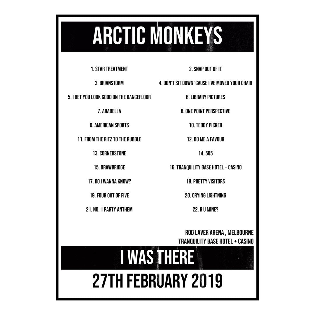 Arctic Monkeys Melbourne 27th February 2019 Setlist poster