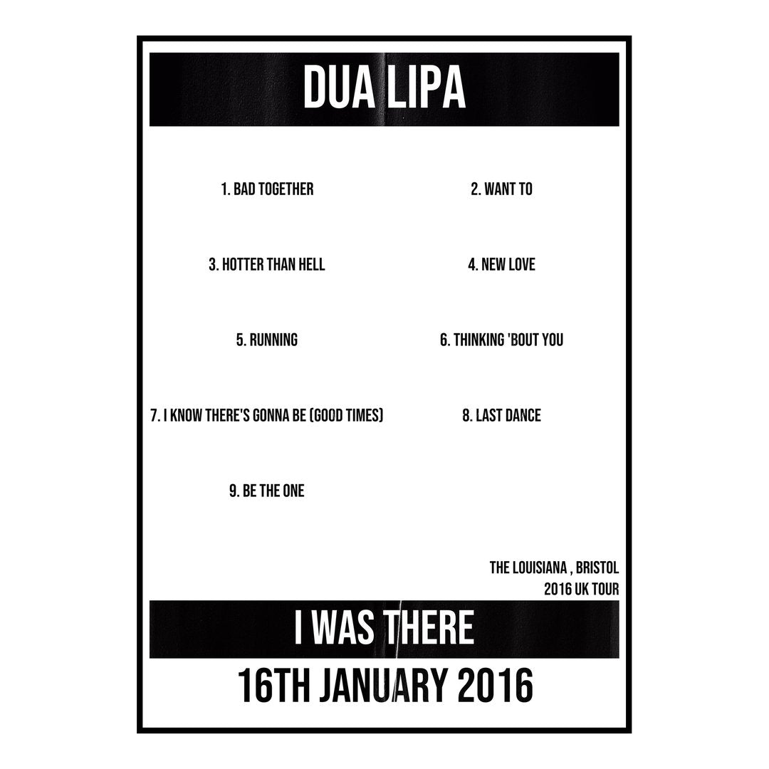 Dua Lipa Bristol 16th January 2016 Setlist poster