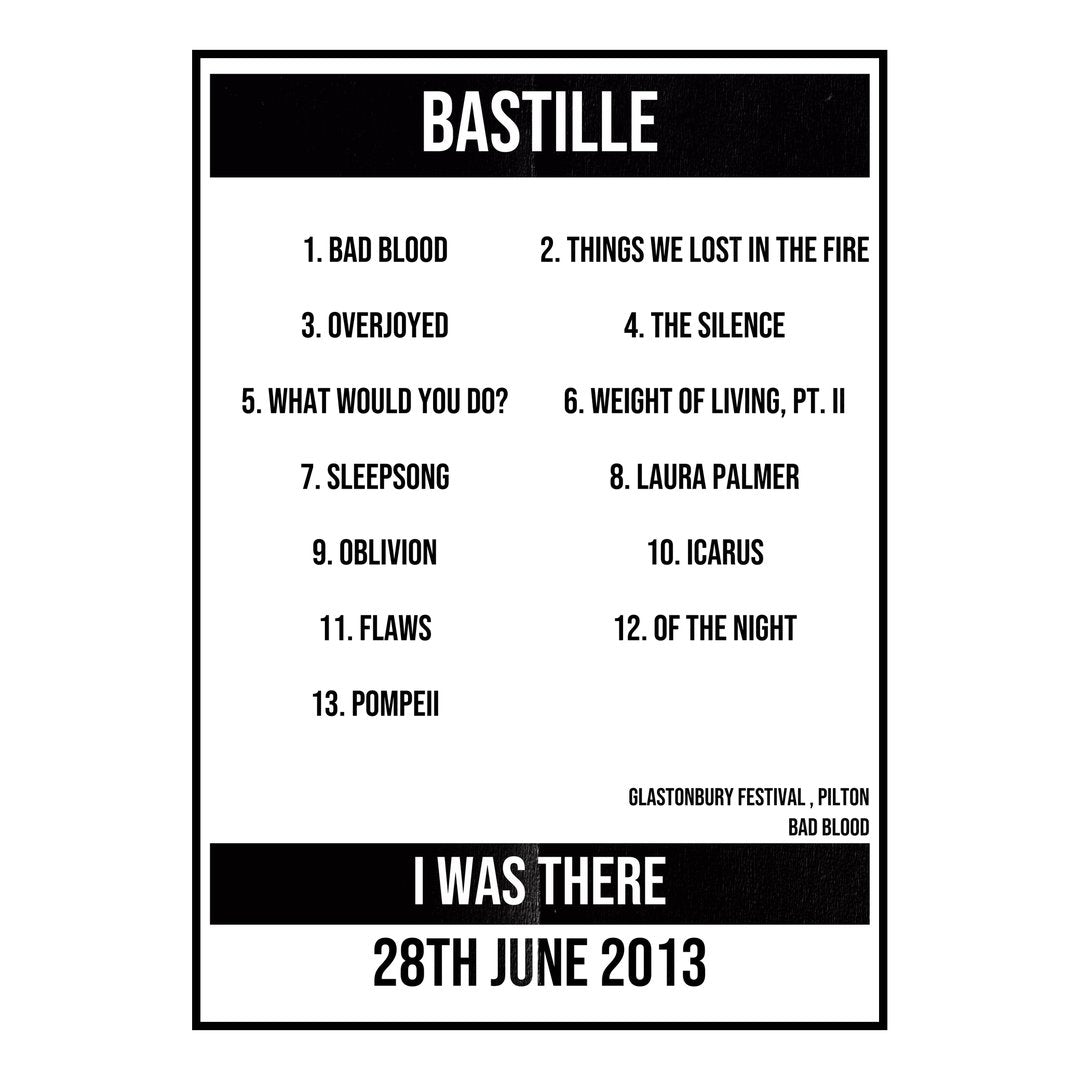 Bastille Pilton 28th June 2013 Setlist poster