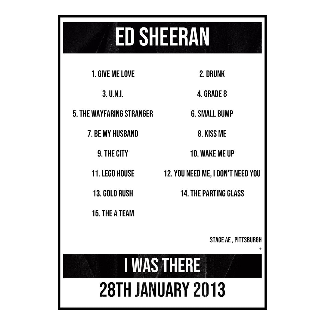 Ed Sheeran Pittsburgh 28th January 2013 Setlist poster
