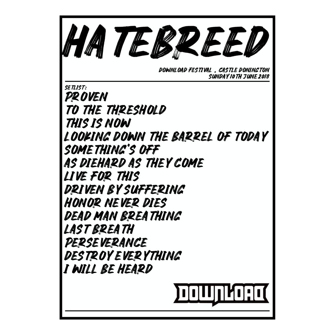 Hatebreed Castle Donington 10th June 2018 Setlist poster