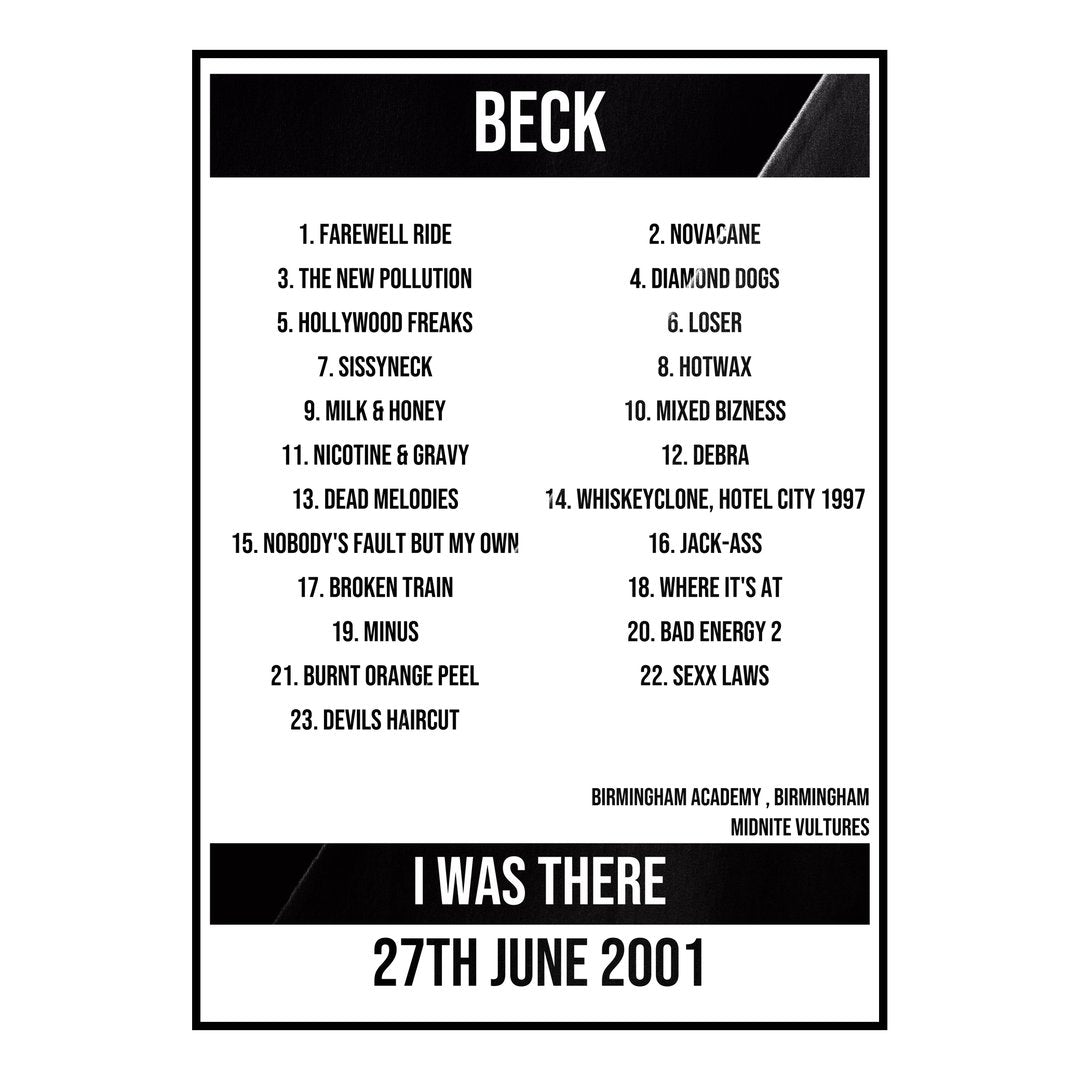 Beck Birmingham 27th June 2001 Setlist poster