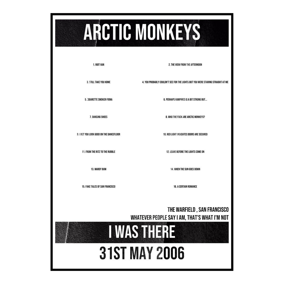 Arctic Monkeys San Francisco 31st May 2006 Setlist poster