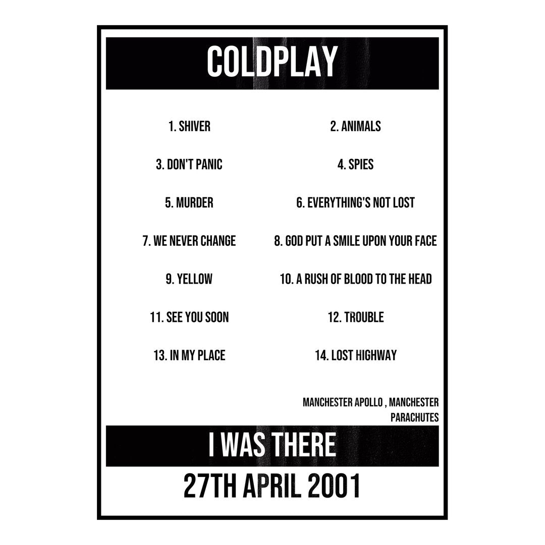 Coldplay Manchester 27th April 2001 Setlist poster