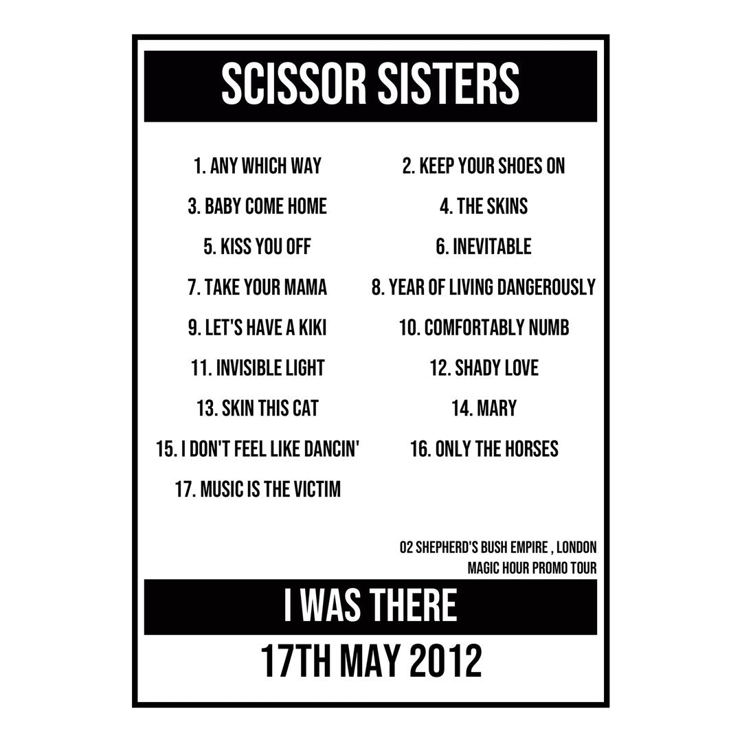 A Setlist Poster Featuring Scissor Sisters Gig from London in 2012