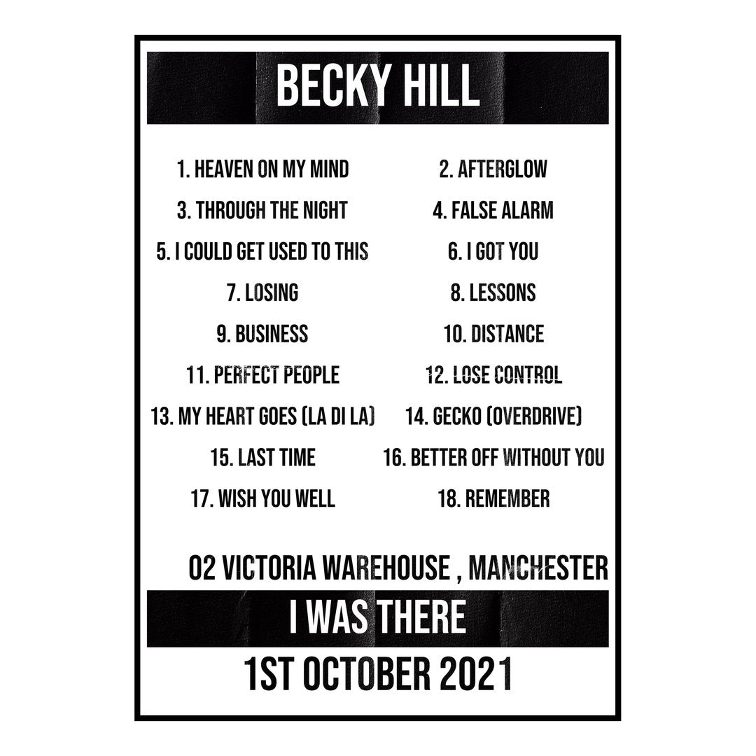 Becky Hill Manchester 1st October 2021 Setlist poster
